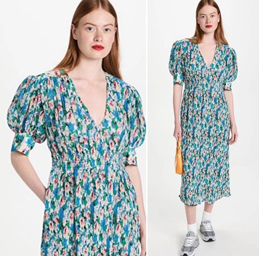 GANNI Pleated Georgette Floral Azure Blue Midi Dress EU 48 US 16 Puff Sleeves